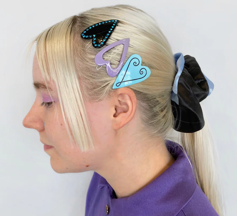 Sweetheart Pack,Large Silk Scrunchie in Black & Blue, chunks, chunks hair accessories, chunks found bath, found bath uk stockist, Laced Bow Claw In Lilac