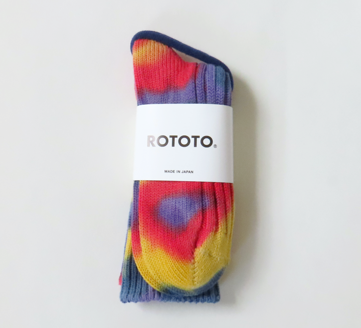 rototo, double face socks, found bath, found bath uk stockist, pink, marl, cotton, wool, ro to to, Japanese socks, made in japan, towelling, rototo uk stockist, red blue yellow tie-dye Chunky Ribbed Crew Socks