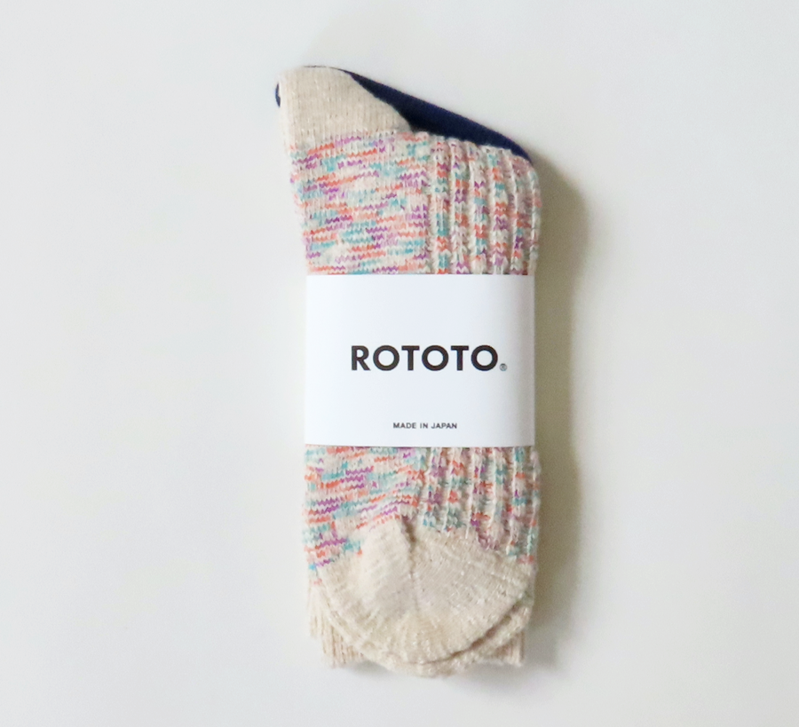 rototo, double face socks, found bath, found bath uk stockist, pink, marl, cotton, wool, ro to to, Japanese socks, made in japan, towelling, rototo uk stockist, coral & blue Kasuri Ribbed Socks