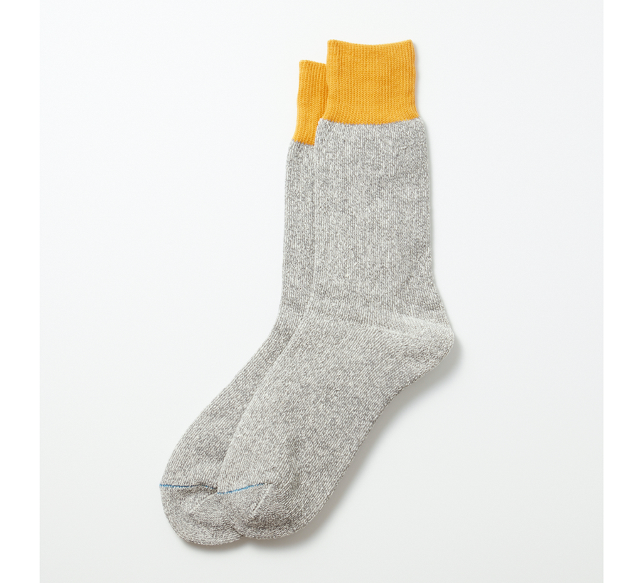 rototo, double face socks, found bath, found bath uk stockist, blue, marl, cotton, wool, ro to to, Japanese socks, made in japan, towelling, rototo uk stockist, yellow grey Silk Cotton Double Face Socks