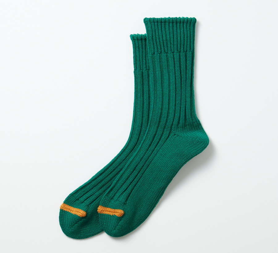 rototo, double face socks, found bath, found bath uk stockist, pink, marl, cotton, wool, ro to to, Japanese socks, made in japan, towelling, rototo uk stockist, green Chunky Ribbed Crew Socks