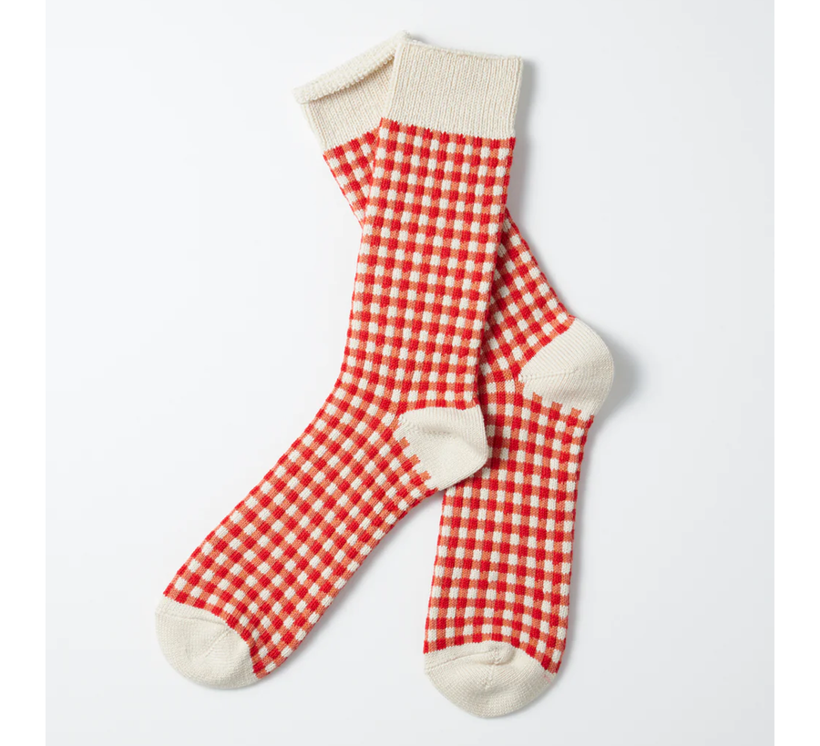 rototo, double face socks, found bath, found bath uk stockist, orange, marl, cotton, wool, ro to to, Japanese socks, made in japan, towelling, rototo uk stockist, red gingham sock