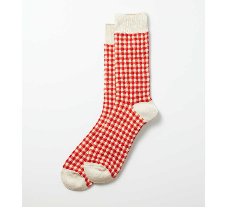 rototo, double face socks, found bath, found bath uk stockist, orange, marl, cotton, wool, ro to to, Japanese socks, made in japan, towelling, rototo uk stockist, red gingham sock