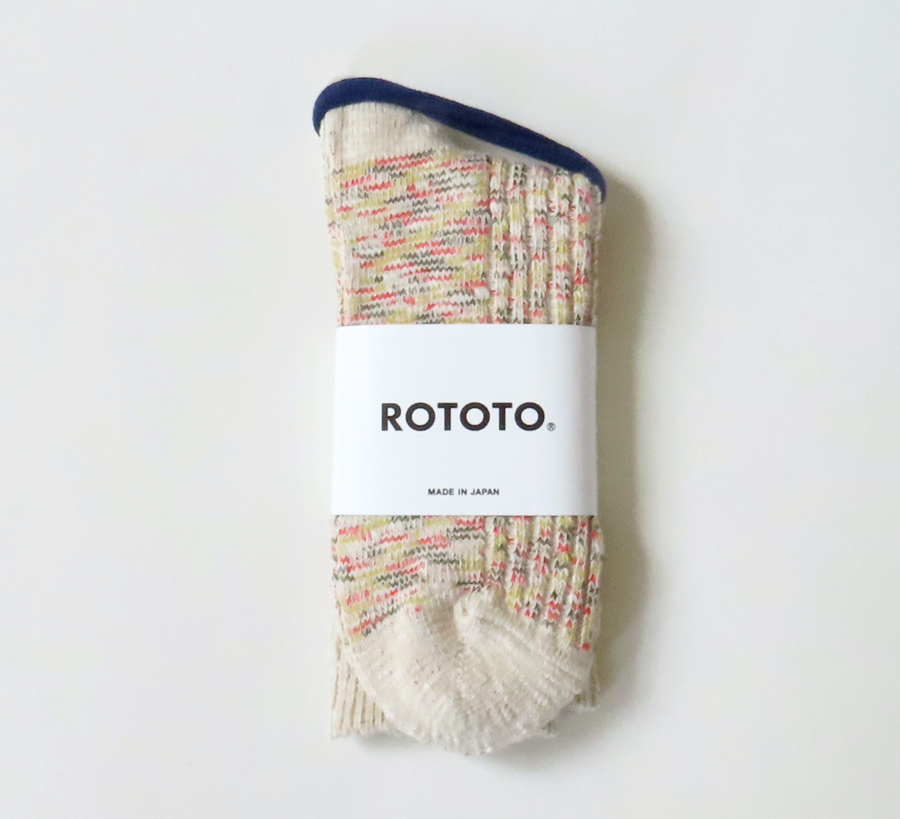 rototo, double face socks, found bath, found bath uk stockist, pink, marl, cotton, wool, ro to to, Japanese socks, made in japan, towelling, rototo uk stockist, yellow & red Kasuri Ribbed Socks