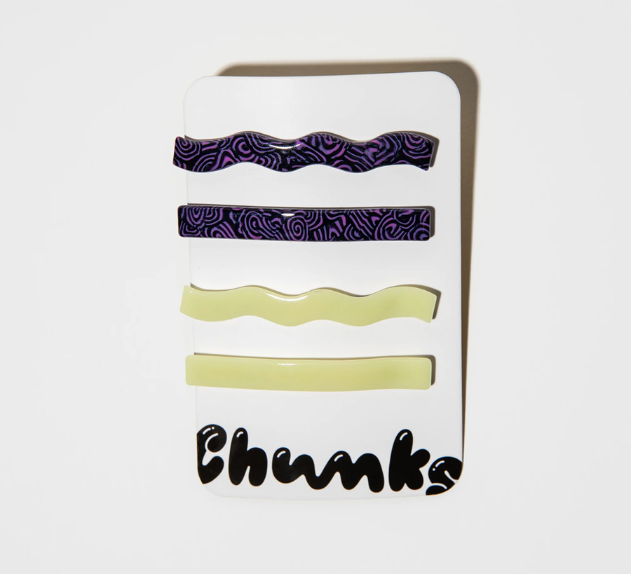 chunks accessories, hair accessories, found bath uk stockist, found bath chunks uk stockist, allie hair clips, punch red, celeste glow in the dark purple lines slides