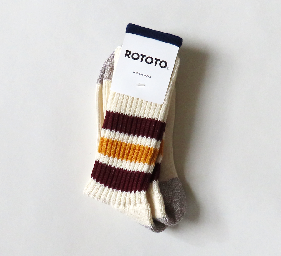 bordeaux burgundy gold yellow stripe, rototo, double face socks, found bath, found bath uk stockist, marl, cotton, wool, ro to to, Japanese socks, made in japan, towelling, rototo uk stockist, old school stripe, dark green, charcoal grey