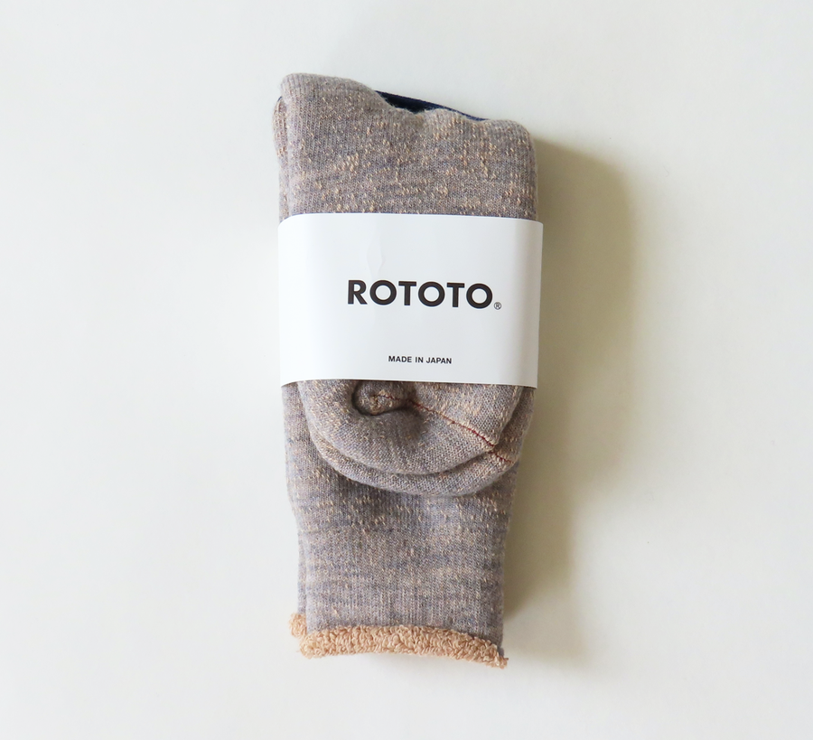 rototo, double face socks, found bath, found bath uk stockist, blue, marl, cotton, wool, ro to to, Japanese socks, made in japan, towelling, rototo uk stockist, Rototo Grey & Brown Double Face Socks