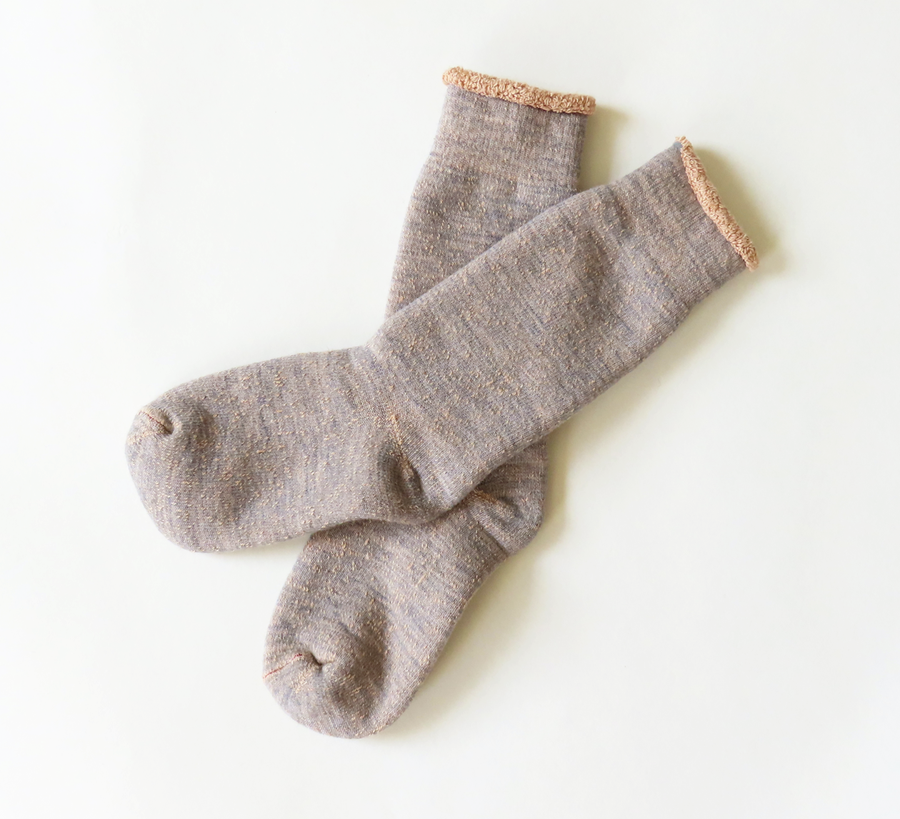 rototo, double face socks, found bath, found bath uk stockist, blue, marl, cotton, wool, ro to to, Japanese socks, made in japan, towelling, rototo uk stockist,  Rototo Grey & Brown Double Face Socks