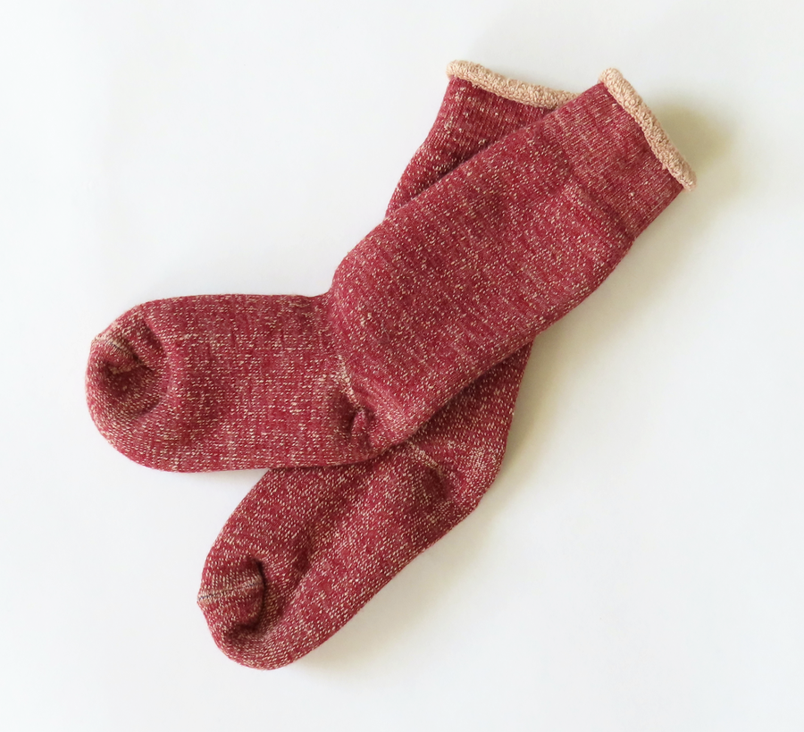 rototo, double face socks, found bath, found bath uk stockist, blue, marl, cotton, wool, ro to to, Japanese socks, made in japan, towelling, rototo uk stockist, Rototo dark red & Brown Double Face Socks