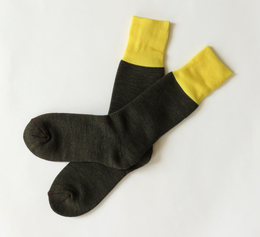 rototo, double face socks, found bath, found bath uk stockist, blue, marl, cotton, wool, ro to to, Japanese socks, made in japan, towelling, rototo uk stockist, yellow & olive Hybrid Boot Crew Socks