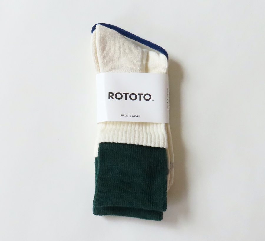 rototo, double face socks, found bath, found bath uk stockist, blue, marl, cotton, wool, ro to to, Japanese socks, made in japan, towelling, rototo uk stockist, Green & Off-White Organic Cotton Double Layer Socks