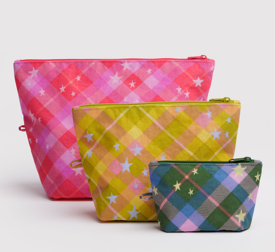 baggu, baggu uk stockist, baggu uk, big baggu, nylon, reusable bag, found bath, found bath uk stockist, baby baggu, happy metallic baggu baby, star plaid Go Pouch Set