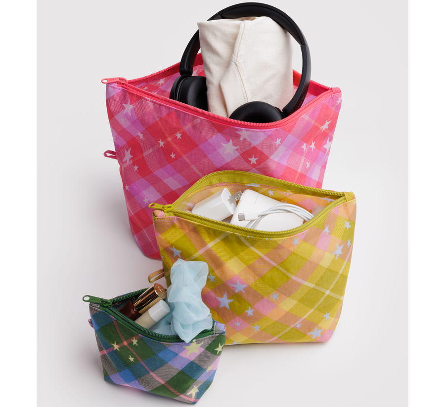 baggu, baggu uk stockist, baggu uk, big baggu, nylon, reusable bag, found bath, found bath uk stockist, baby baggu, happy metallic baggu baby, star plaid Go Pouch Set