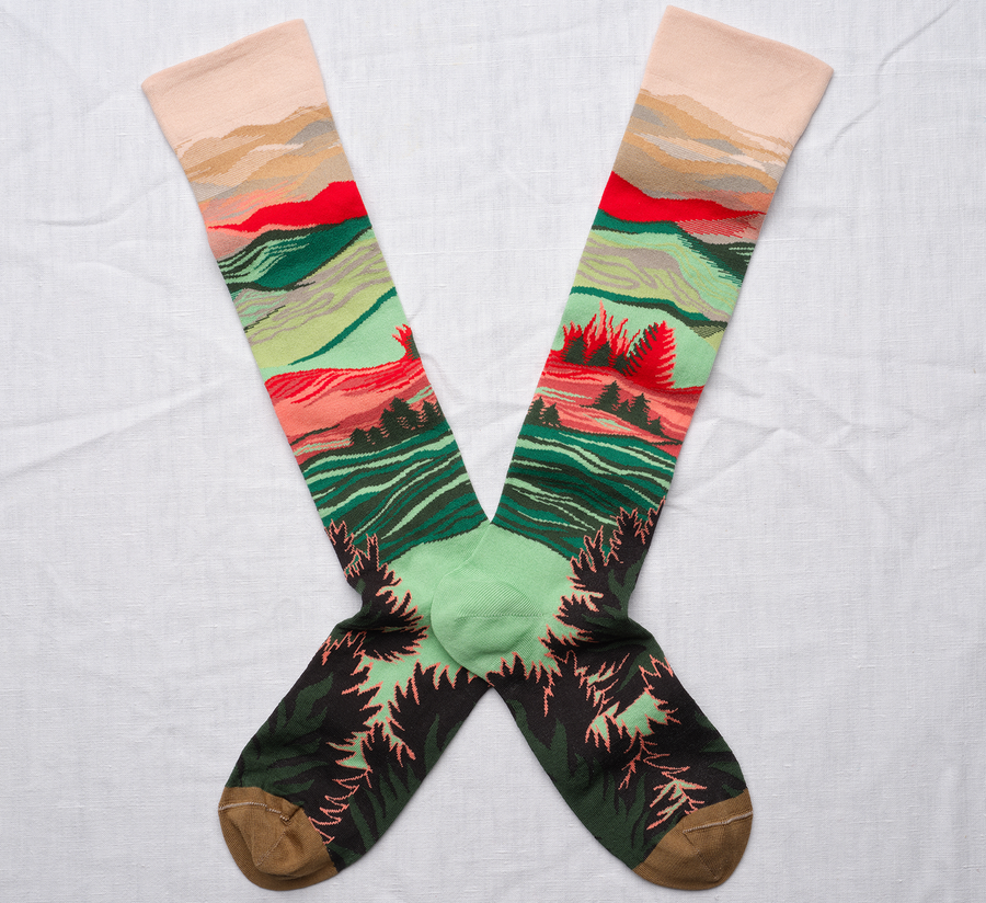 bonne maison, bonne maison uk stockist, found bath, found bath uk stockist, degrade wave long socks, knee high socks, long landscape socks