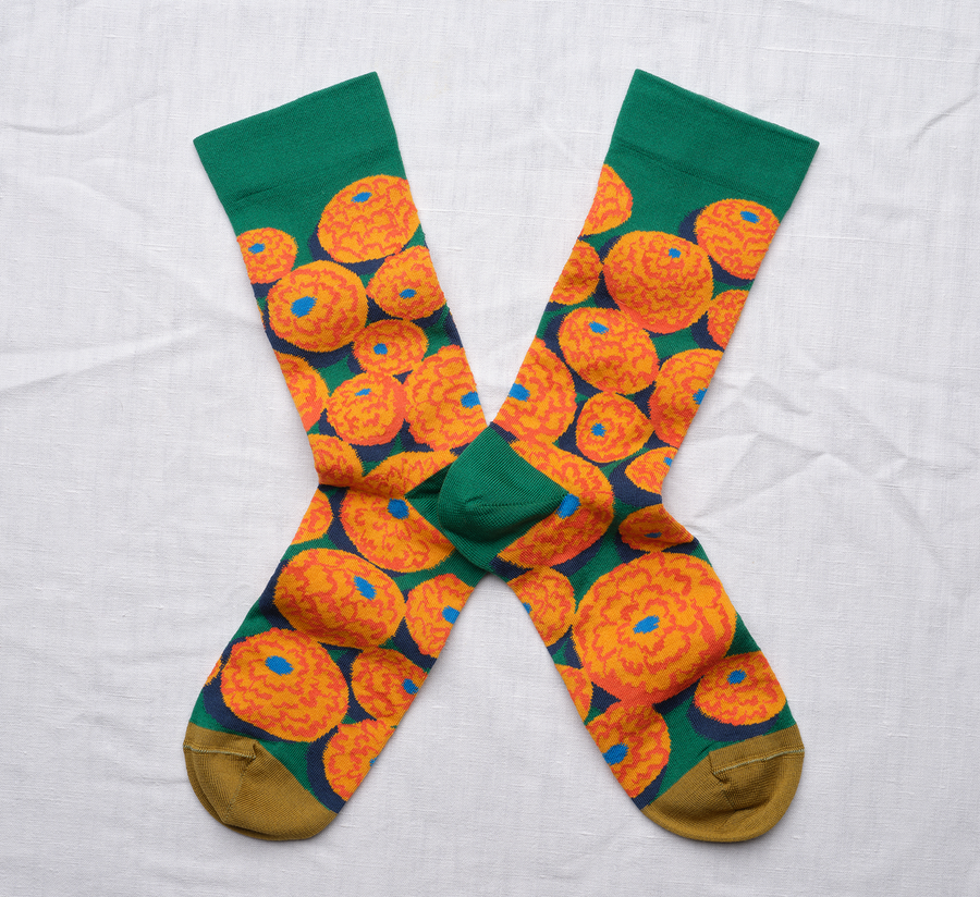bonne maison, bonne maison uk stockist, found bath, found bath uk stockist, degrade wave long socks, knee high socks, oranges socks