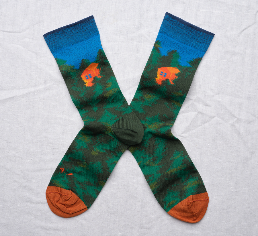 bonne maison, bonne maison uk stockist, found bath, found bath uk stockist, degrade wave long socks, knee high socks, house in the forest socks