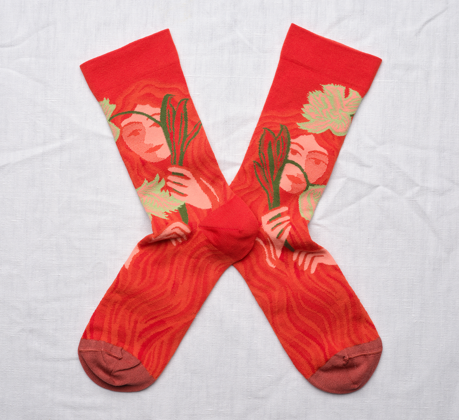 bonne maison, bonne maison uk stockist, found bath, found bath uk stockist, degrade wave long socks, knee high socks, red portrait socks