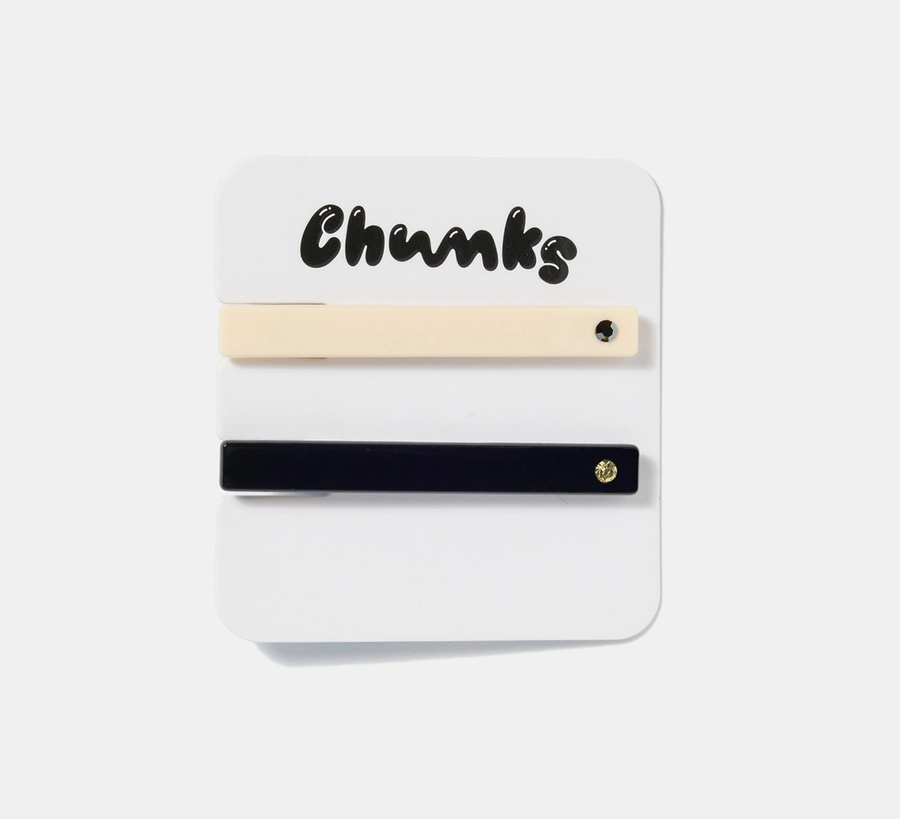 chunks accessories, hair accessories, found bath uk stockist, found bath chunks uk stockist, checkerboard hair claw, double cher allie clip set, cream black Allie Clips