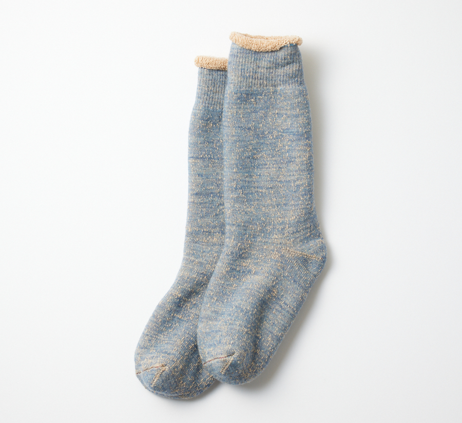 rototo, double face socks, found bath, found bath uk stockist, blue, marl, cotton, wool, ro to to, Japanese socks, made in japan, towelling, rototo uk stockist, blue and brown