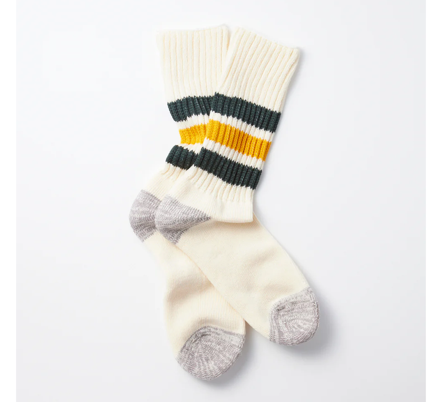 rototo, double face socks, found bath, found bath uk stockist, blue, marl, cotton, wool, ro to to, Japanese socks, made in japan, towelling, rototo uk stockist, Dark Green & Yellow Old School Sports