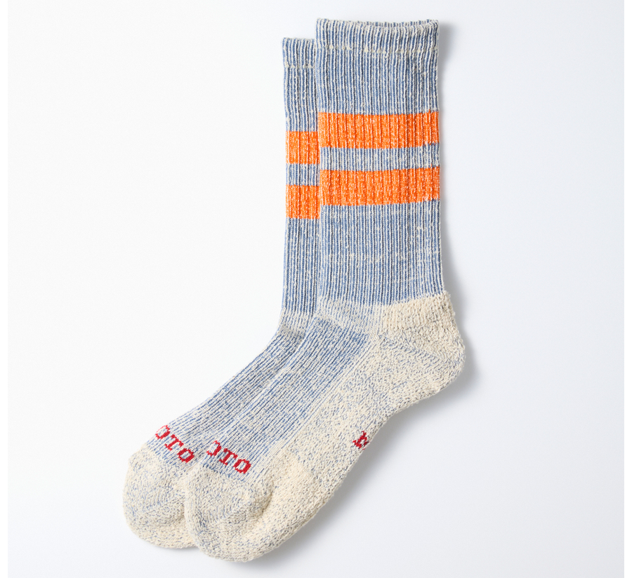 rototo, rototo uk stockist, found bath, found bath uk stockist, pile red ribbed socks, red mix marl, japan, japanese socks, loose pile socks, slipper socks, non slip, blue and orange marl pile stripe socks