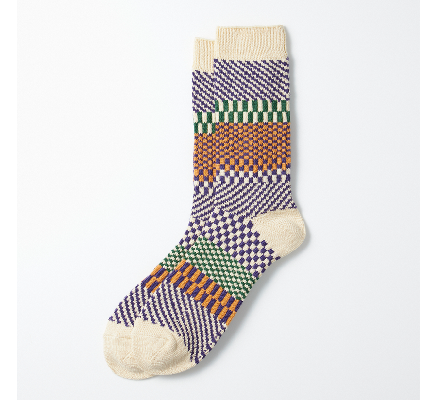 rototo, double face socks, found bath, found bath uk stockist, orange, marl, cotton, wool, ro to to, Japanese socks, made in japan, towelling, rototo uk stockist, blueberry step and check sock