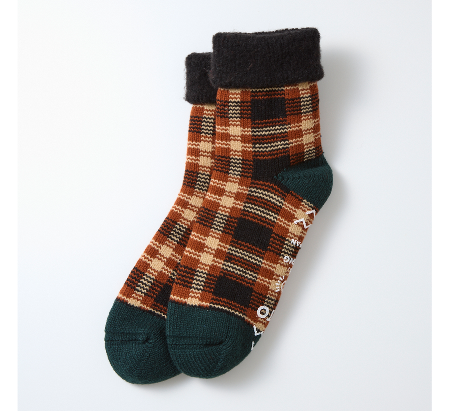 rototo, rototo uk stockist, found bath, found bath uk stockist, pile red ribbed socks, red mix marl, japan, japanese socks, loose pile socks, slipper socks, non slip, black brown check room socks
