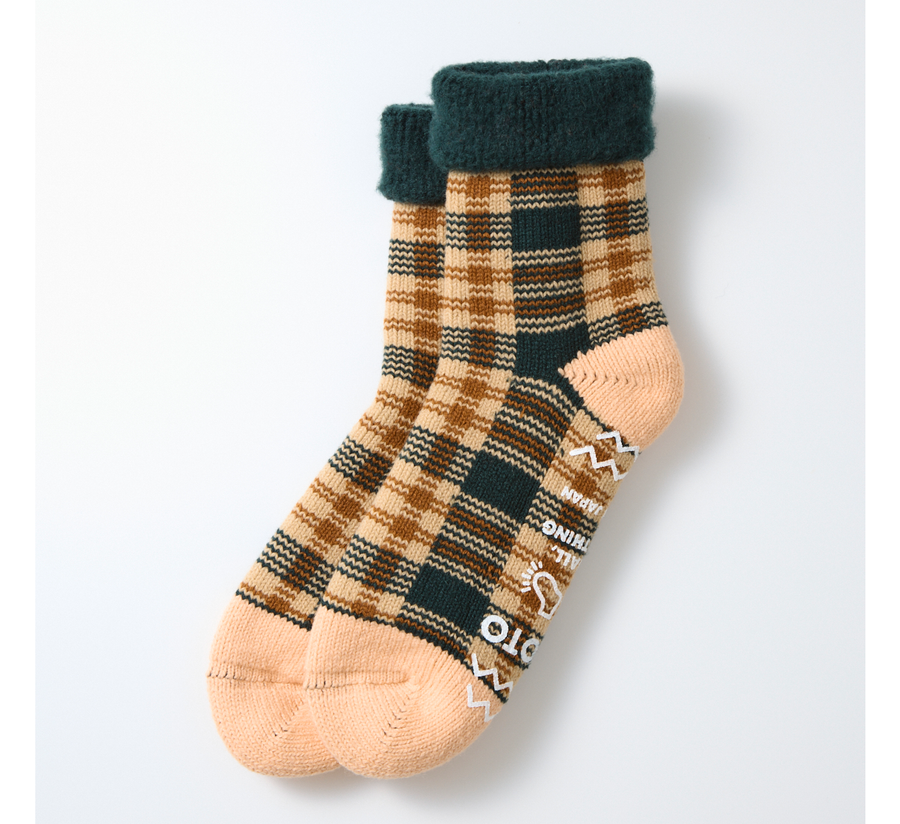 rototo, rototo uk stockist, found bath, found bath uk stockist, pile red ribbed socks, red mix marl, japan, japanese socks, loose pile socks, slipper socks, non slip, forest green and beige check room socks
