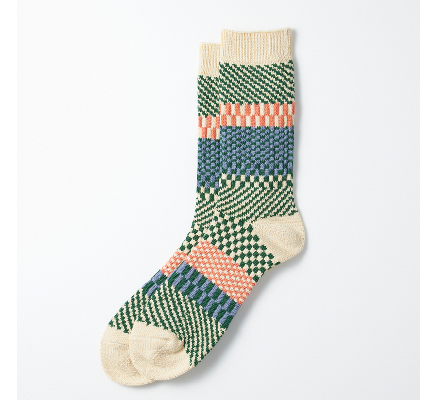 rototo, double face socks, found bath, found bath uk stockist, orange, marl, cotton, wool, ro to to, Japanese socks, made in japan, towelling, rototo uk stockist, green step and check sock
