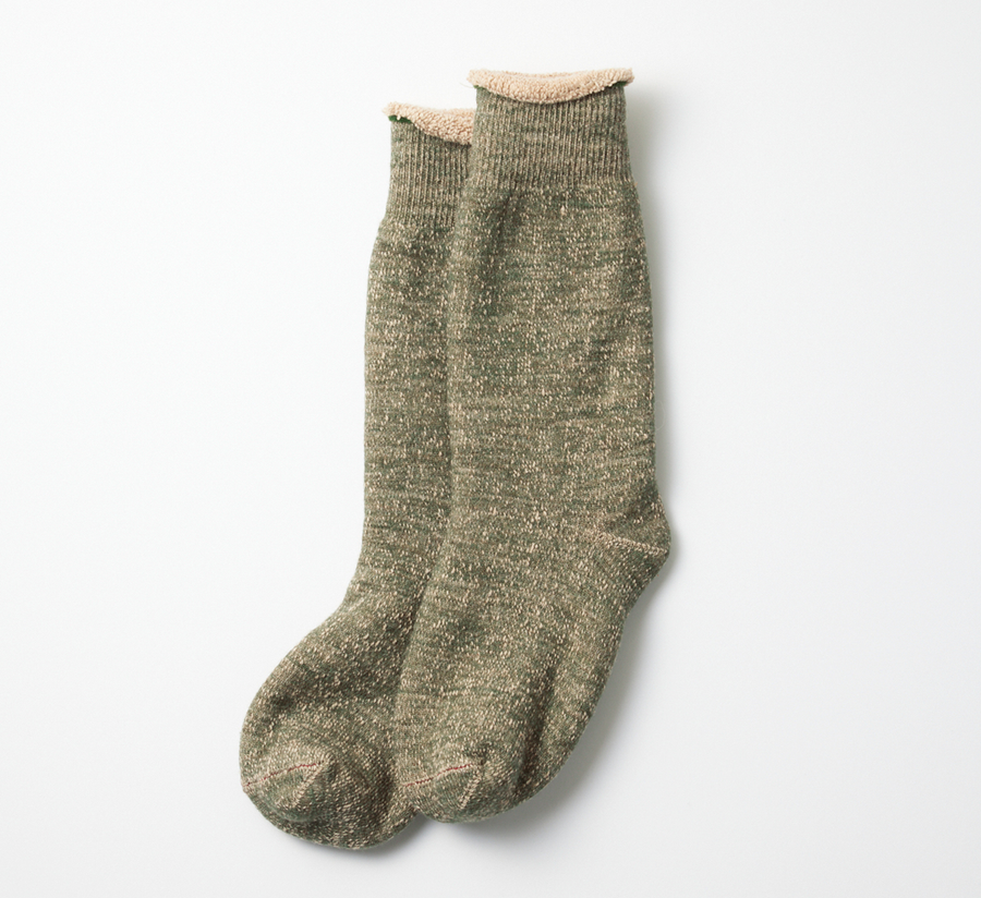 rototo, double face socks, found bath, found bath uk stockist, blue, marl, cotton, wool, ro to to, Japanese socks, made in japan, towelling, rototo uk stockist, green and brown