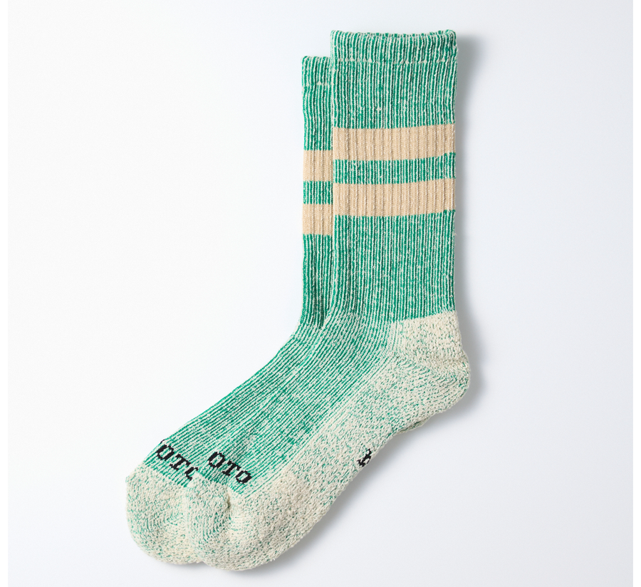 rototo, rototo uk stockist, found bath, found bath uk stockist, pile red ribbed socks, red mix marl, japan, japanese socks, loose pile socks, slipper socks, non slip, green and beige marl pile stripe socks