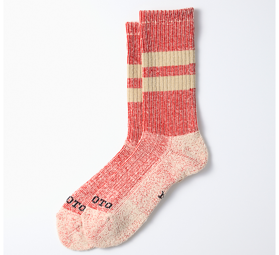 rototo, rototo uk stockist, found bath, found bath uk stockist, pile red ribbed socks, red mix marl, japan, japanese socks, loose pile socks, slipper socks, non slip, red and beige marl pile stripe socks