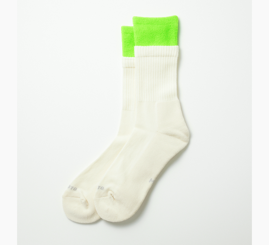 Rototo / Neon Green & Off White Cotton Double Layer Socks