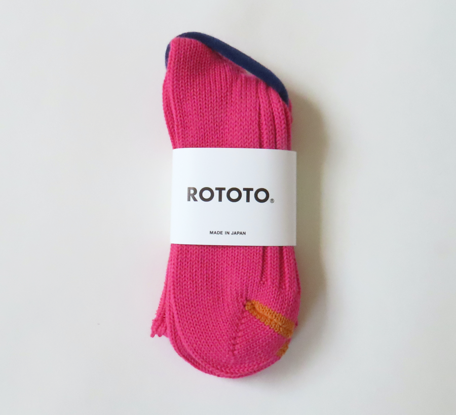 rototo, double face socks, found bath, found bath uk stockist, pink, marl, cotton, wool, ro to to, Japanese socks, made in japan, towelling, rototo uk stockist, Dark Pink Chunky Ribbed Crew Socks