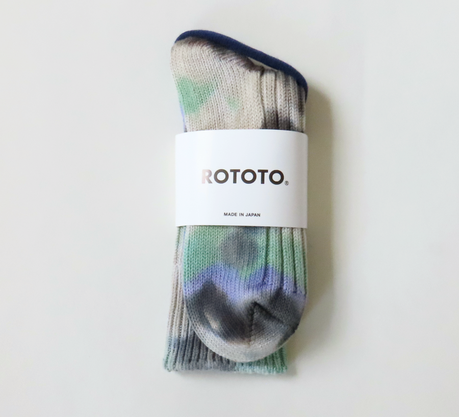 rototo, double face socks, found bath, found bath uk stockist, pink, marl, cotton, wool, ro to to, Japanese socks, made in japan, towelling, rototo uk stockist, black mint purple tie-dye Chunky Ribbed Crew Socks