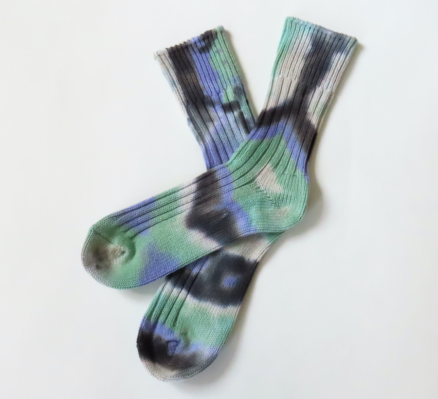 rototo, double face socks, found bath, found bath uk stockist, pink, marl, cotton, wool, ro to to, Japanese socks, made in japan, towelling, rototo uk stockist, black mint purple tie-dye Chunky Ribbed Crew Socks