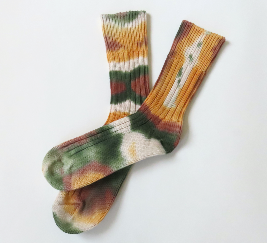 rototo, double face socks, found bath, found bath uk stockist, pink, marl, cotton, wool, ro to to, Japanese socks, made in japan, towelling, rototo uk stockist, green gold brown  tie-dye Chunky Ribbed Crew Socks