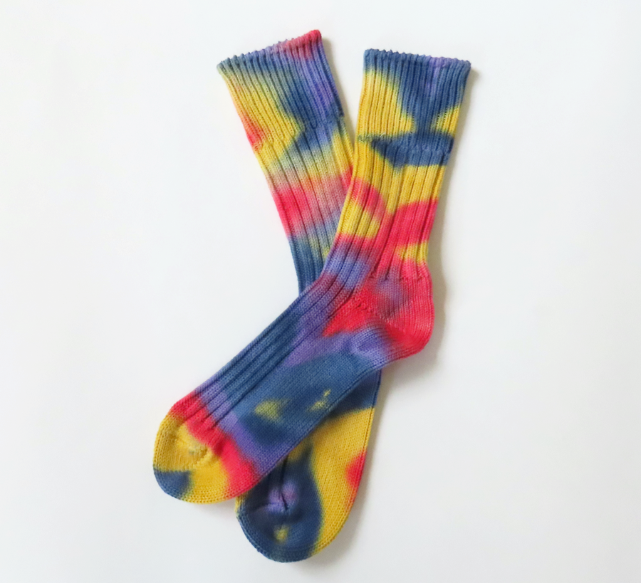 rototo, double face socks, found bath, found bath uk stockist, pink, marl, cotton, wool, ro to to, Japanese socks, made in japan, towelling, rototo uk stockist, red blue yellow tie-dye Chunky Ribbed Crew Socks