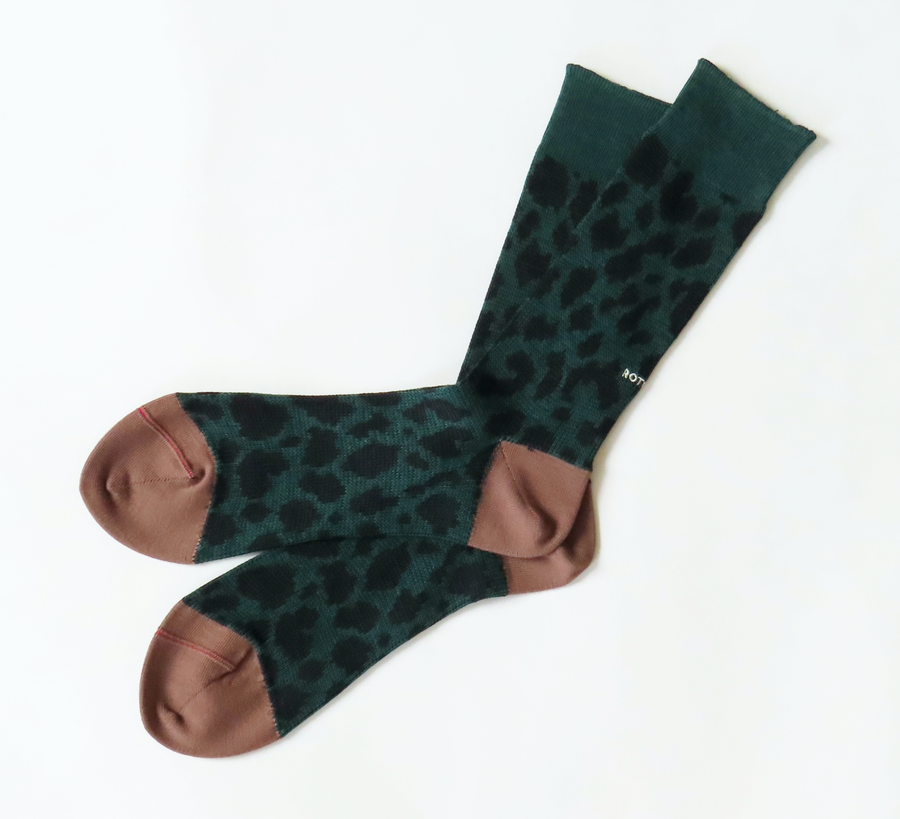 rototo, double face socks, found bath, found bath uk stockist, blue, marl, cotton, wool, ro to to, Japanese socks, made in japan, towelling, rototo uk stockist, Rototo Dark Green & Brown Leopard Socks