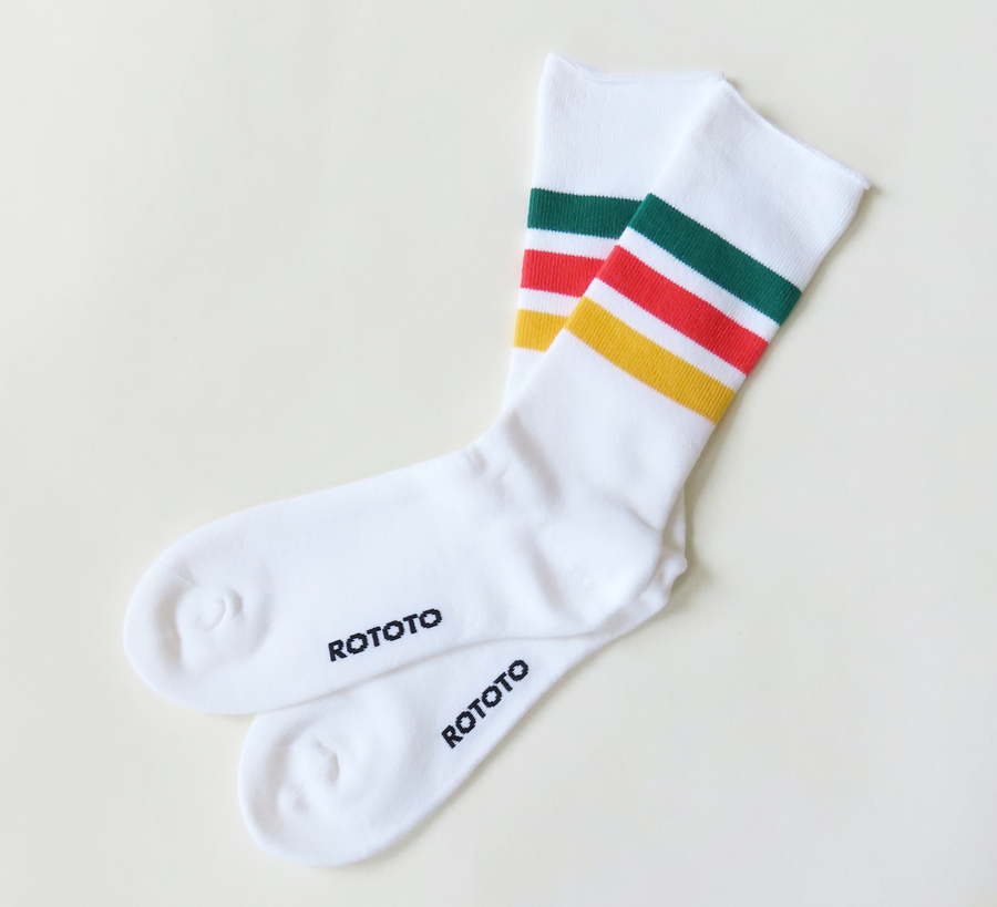 rototo, double face socks, found bath, found bath uk stockist, yellow, marl, cotton, wool, ro to to, Japanese socks, made in japan, towelling, rototo uk stockist, white green and poppy stripe crew socks