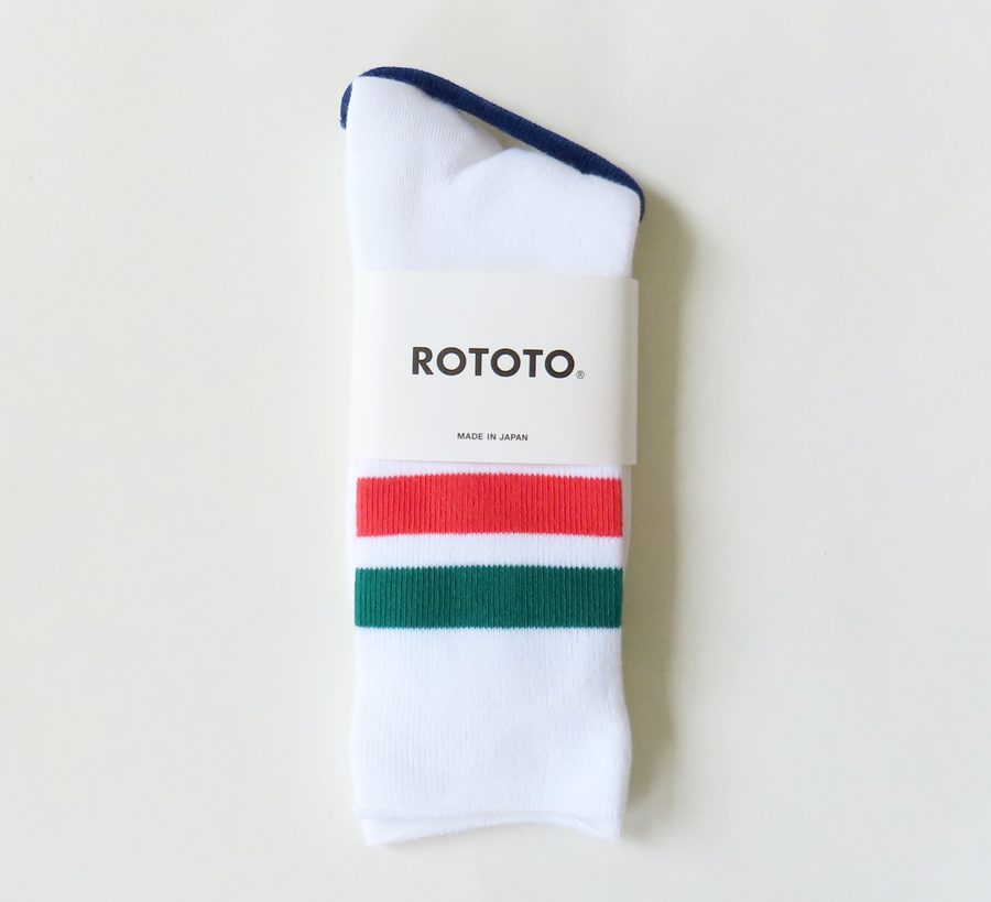 rototo, double face socks, found bath, found bath uk stockist, yellow, marl, cotton, wool, ro to to, Japanese socks, made in japan, towelling, rototo uk stockist, white green and poppy stripe crew socks