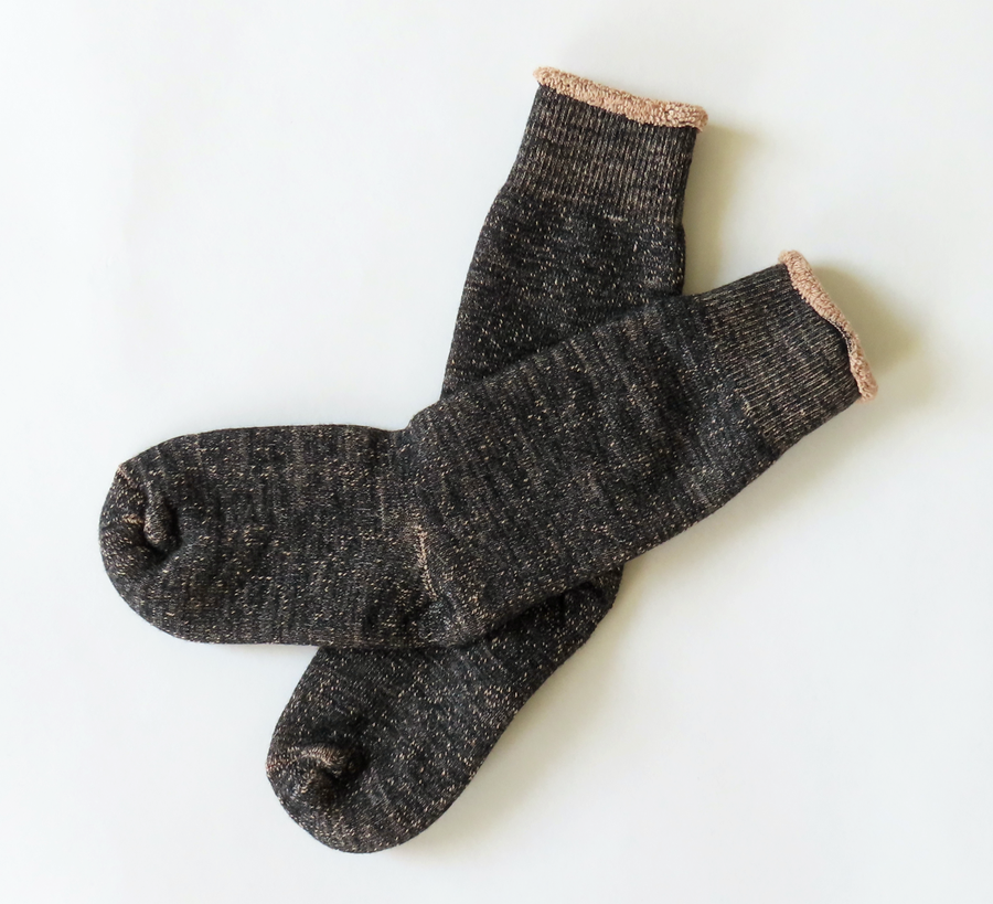 rototo, double face socks, found bath, found bath uk stockist, blue, marl, cotton, wool, ro to to, Japanese socks, made in japan, towelling, rototo uk stockist, Rototo black & Brown Double Face Socks