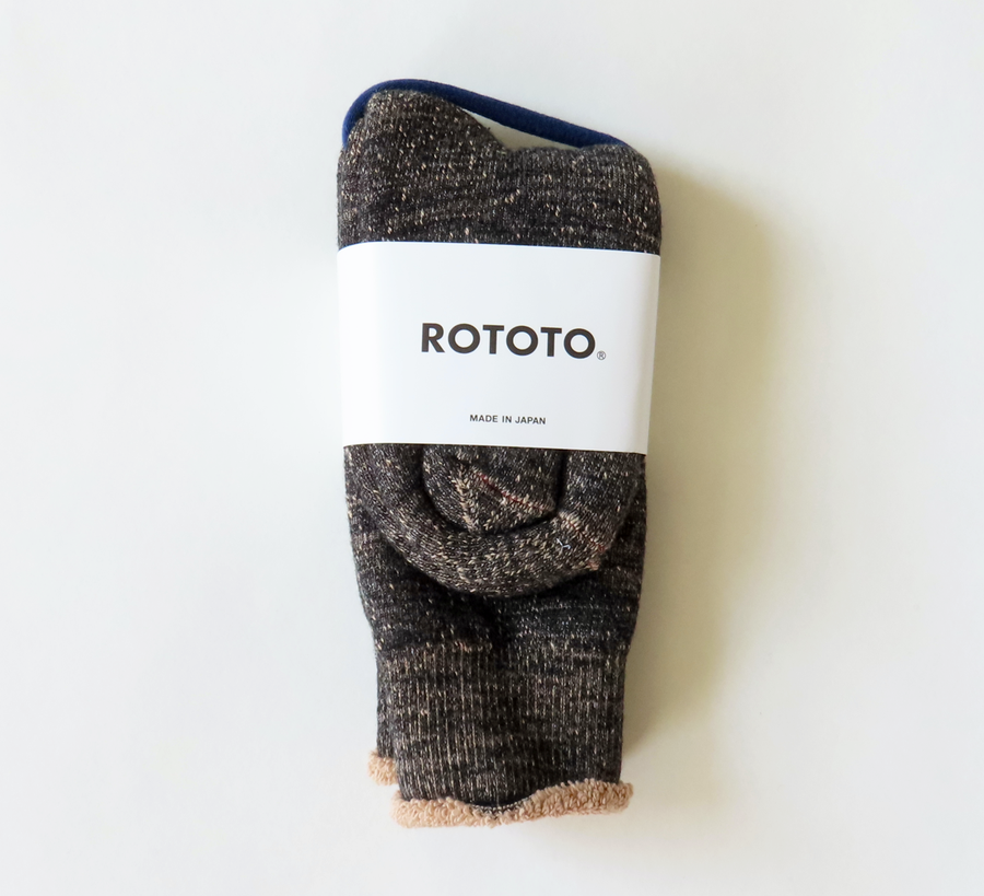 rototo, double face socks, found bath, found bath uk stockist, blue, marl, cotton, wool, ro to to, Japanese socks, made in japan, towelling, rototo uk stockist,  Rototo black & Brown Double Face Socks