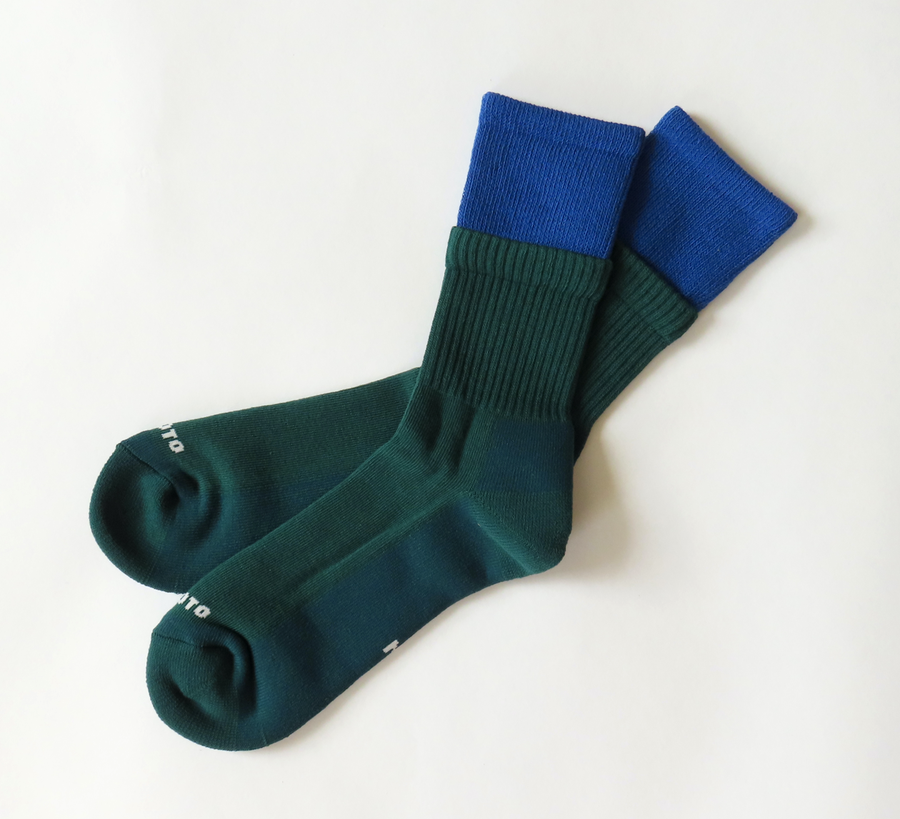 rototo, double face socks, found bath, found bath uk stockist, blue, marl, cotton, wool, ro to to, Japanese socks, made in japan, towelling, rototo uk stockist, Rototo blue & green Organic Cotton Double Layer Socks