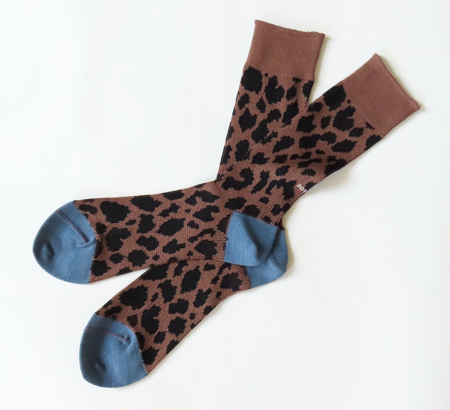 rototo, double face socks, found bath, found bath uk stockist, blue, marl, cotton, wool, ro to to, Japanese socks, made in japan, towelling, rototo uk stockist, Rototo light blue & Brown Leopard Socks