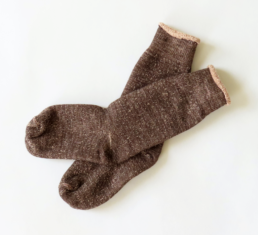 rototo, double face socks, found bath, found bath uk stockist, blue, marl, cotton, wool, ro to to, Japanese socks, made in japan, towelling, rototo uk stockist,  Rototo dark brown & Brown Double Face Socks