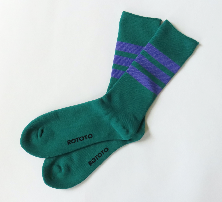 rototo, double face socks, found bath, found bath uk stockist, yellow, marl, cotton, wool, ro to to, Japanese socks, made in japan, towelling, rototo uk stockist, green and purple stripe crew socks