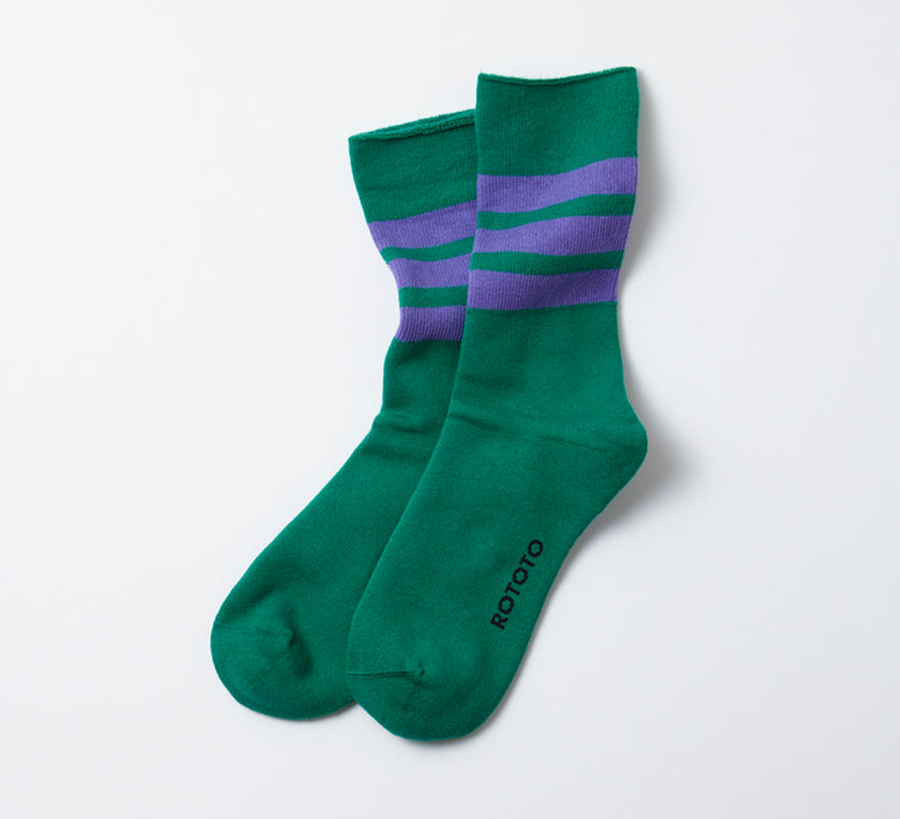 rototo, double face socks, found bath, found bath uk stockist, yellow, marl, cotton, wool, ro to to, Japanese socks, made in japan, towelling, rototo uk stockist, green and purple stripe crew socks