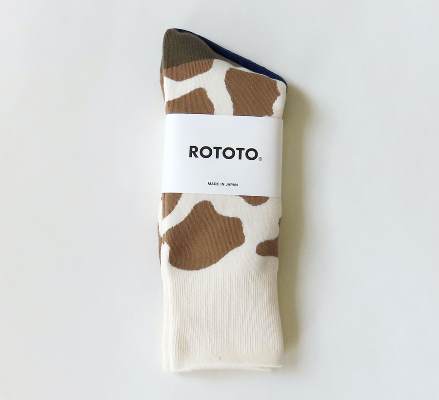 rototo, double face socks, found bath, found bath uk stockist, yellow, marl, cotton, wool, ro to to, Japanese socks, made in japan, towelling, rototo uk stockist, brown cow print