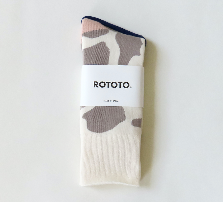 rototo, double face socks, found bath, found bath uk stockist, yellow, marl, cotton, wool, ro to to, Japanese socks, made in japan, towelling, rototo uk stockist, grey and light pink cow print